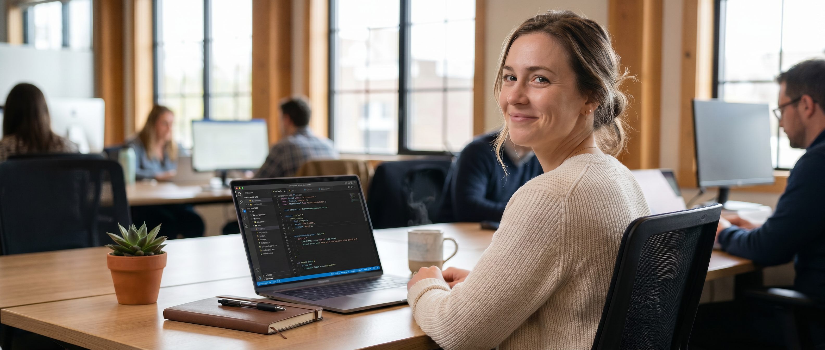Modern coworking office with code and ecommerce dashboard