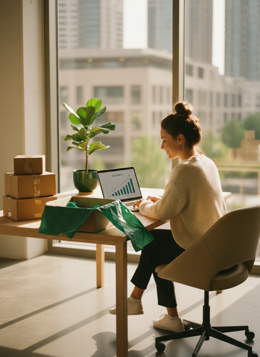 Entrepreneur managing online marketplace orders from a bright, sunlit workspace