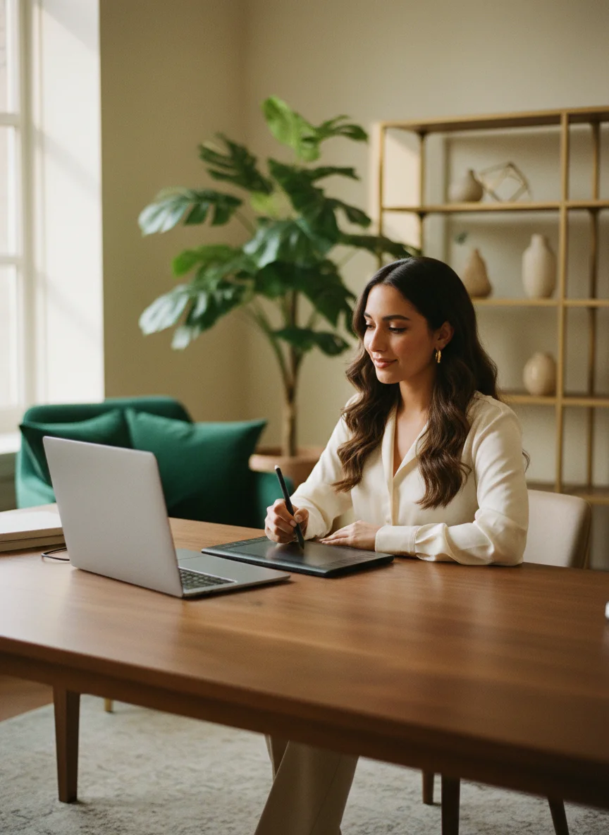 Arab woman entrepreneur creating digital AI toolkits on a laptop and graphics tablet in a premium studio