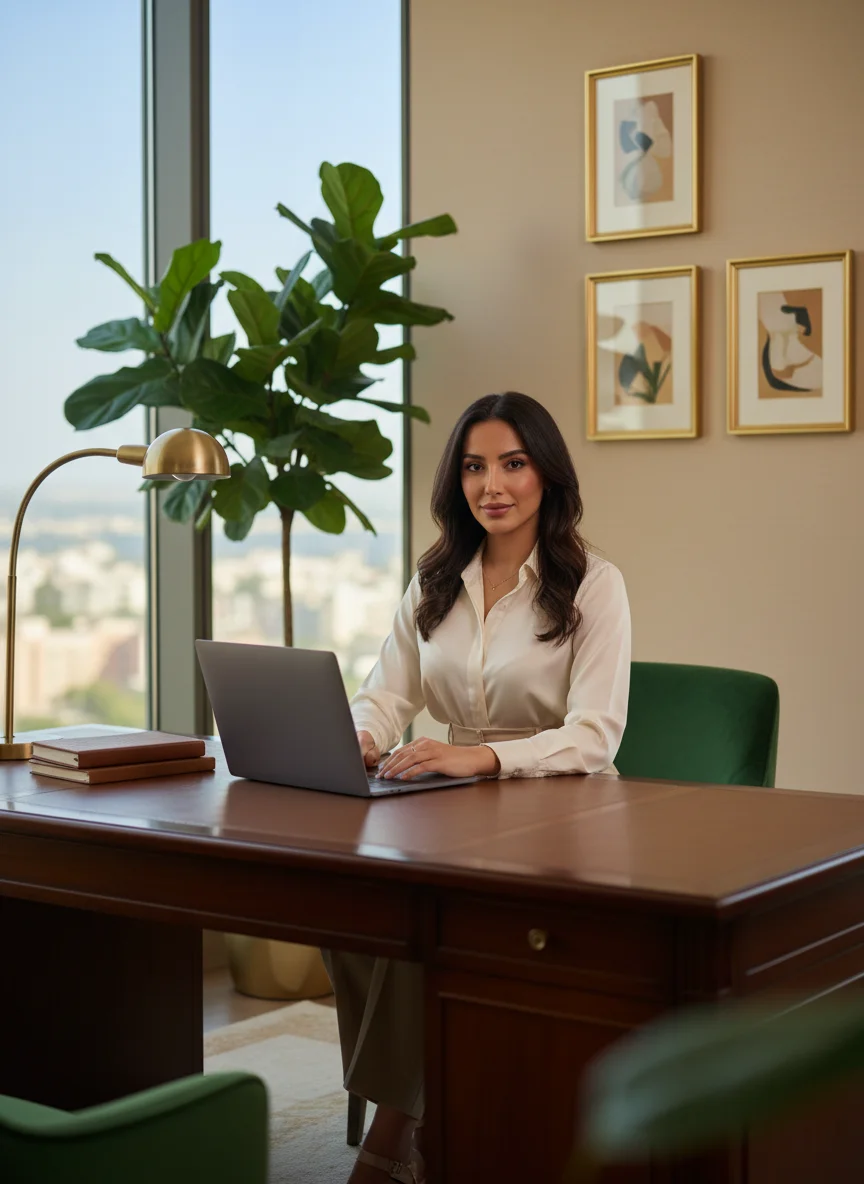 Entrepreneur setting up their branded website and custom domain in a bright, sunlit workspace
