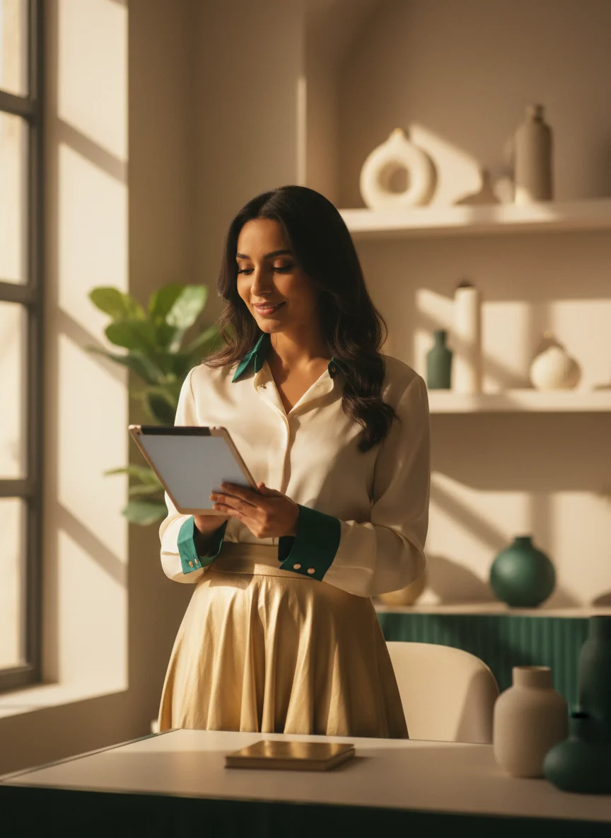 Arab woman entrepreneur managing her online store on a tablet in a bright, premium workspace