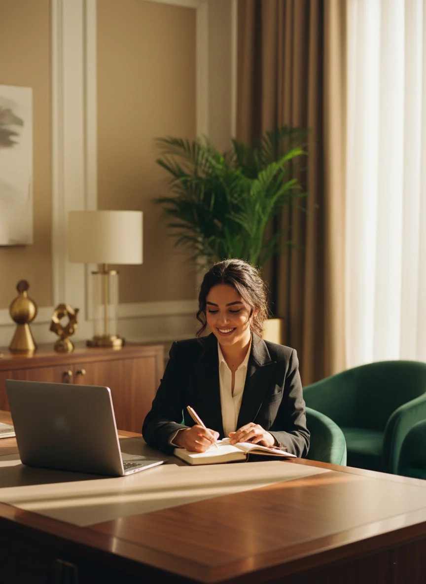 Arab woman entrepreneur planning her email campaigns at a warm, premium desk