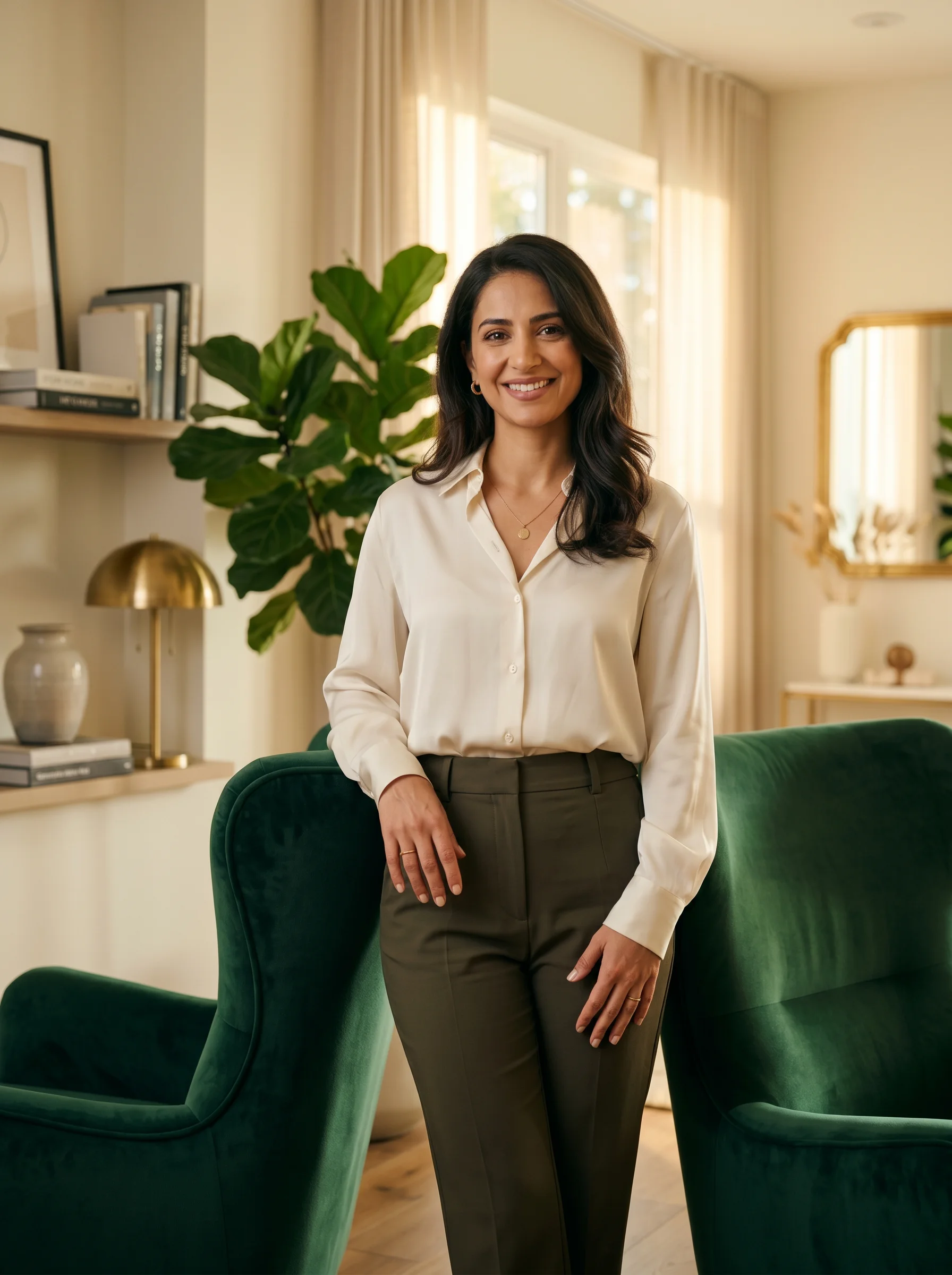 Confident woman entrepreneur who runs her Instagram store, in a premium, elegant space