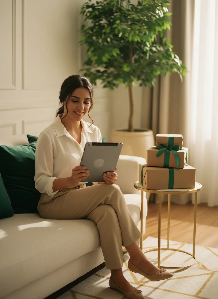 Arab woman entrepreneur reviewing her orders on a tablet beside neatly stacked parcels in a warm, premium space