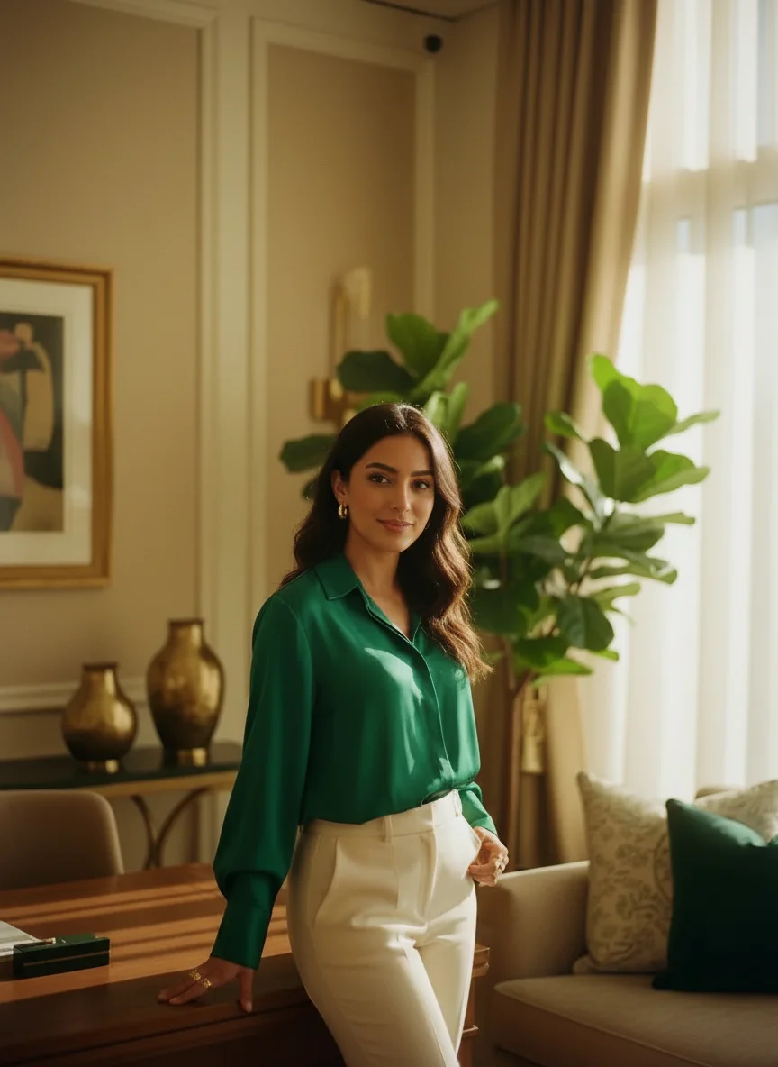 Arab woman entrepreneur standing confidently in a warm, premium office
