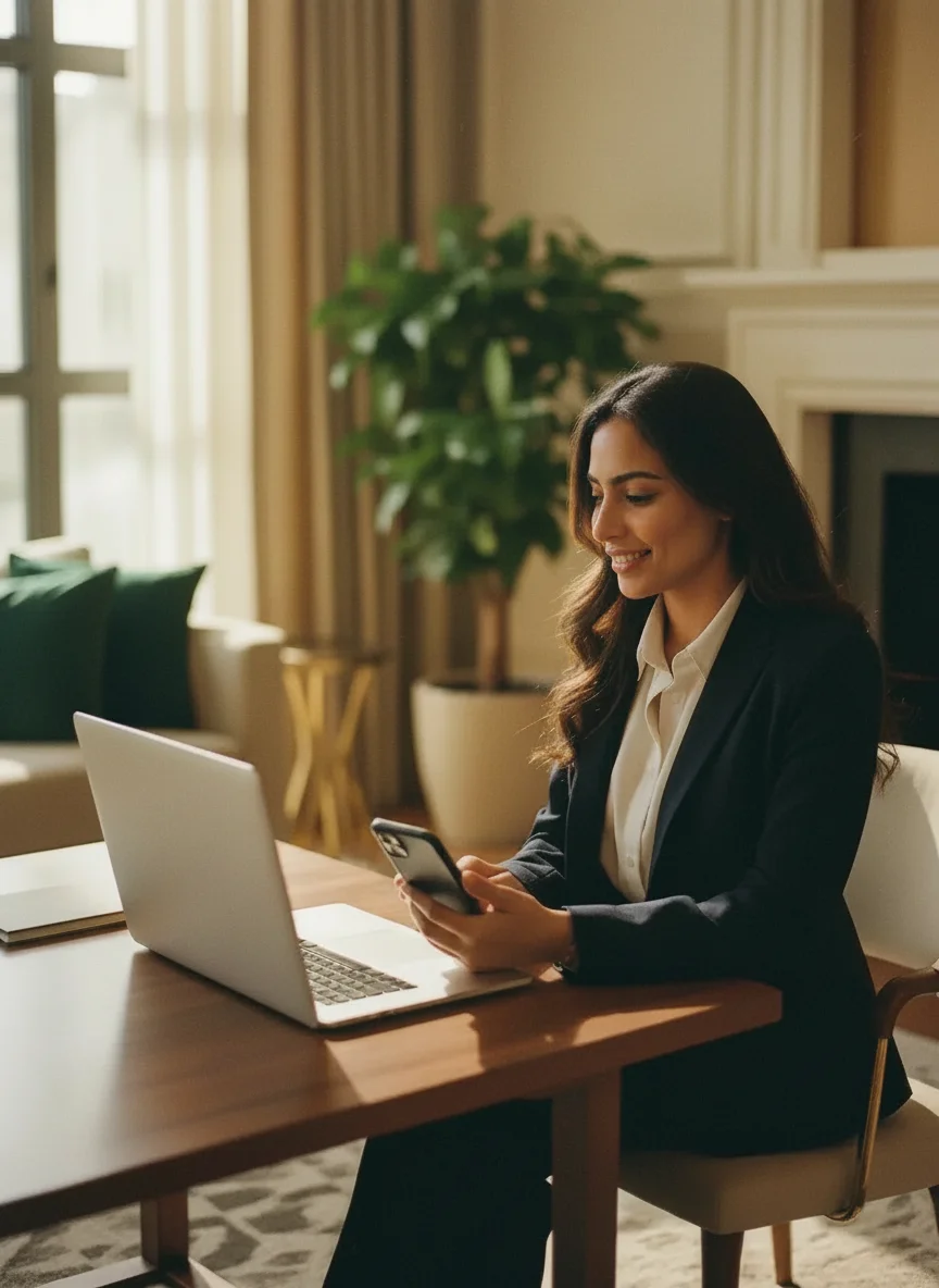 Arab woman entrepreneur checking her business payments on a laptop and phone in a warm, premium space