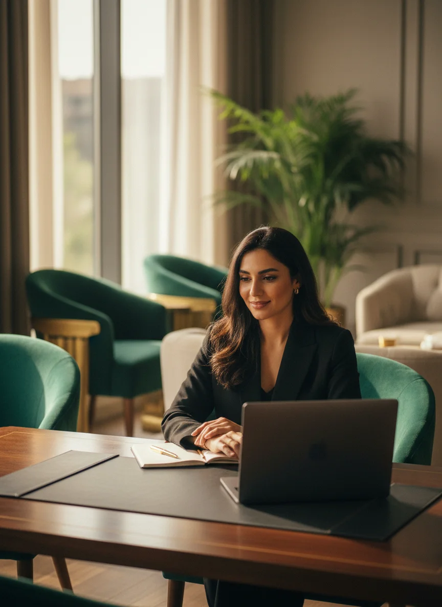 Arab woman entrepreneur reviewing her store's performance on a laptop in a warm, premium office