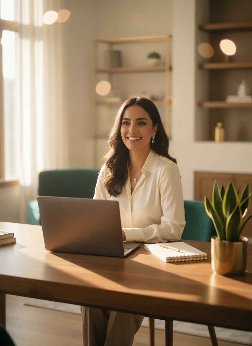 Arab woman entrepreneur in a warm, premium office, confident about her store's search rankings