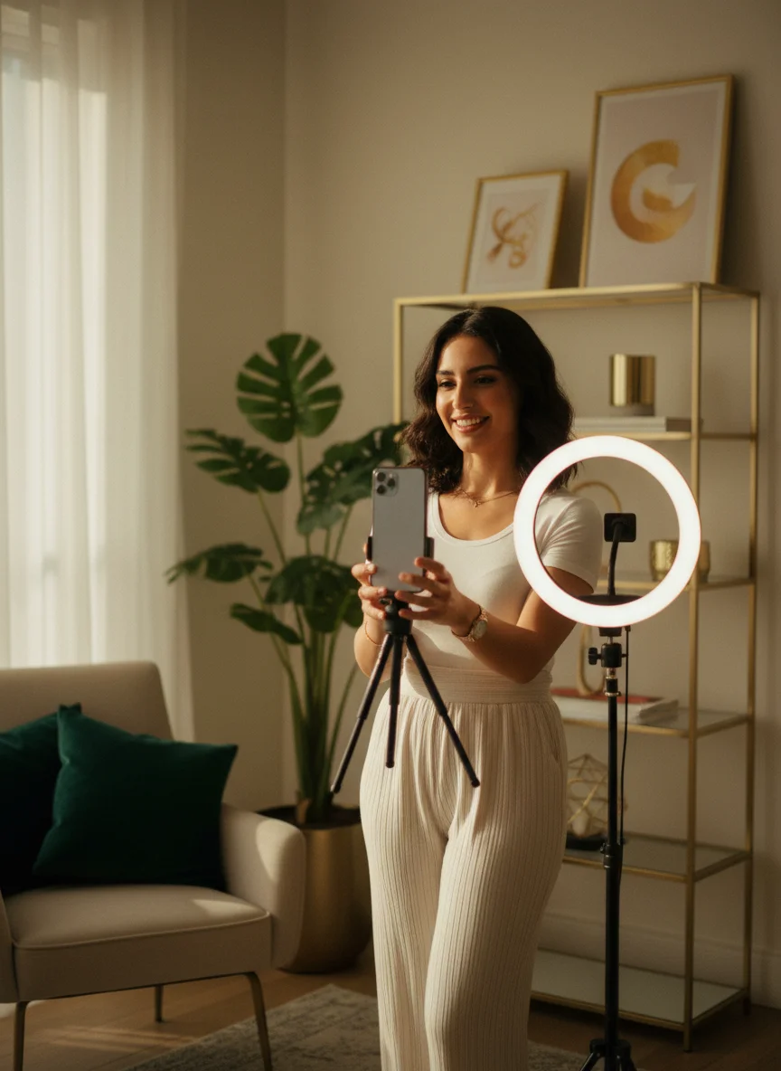 Arab woman entrepreneur recording a short product video for her TikTok shop in a premium creator space