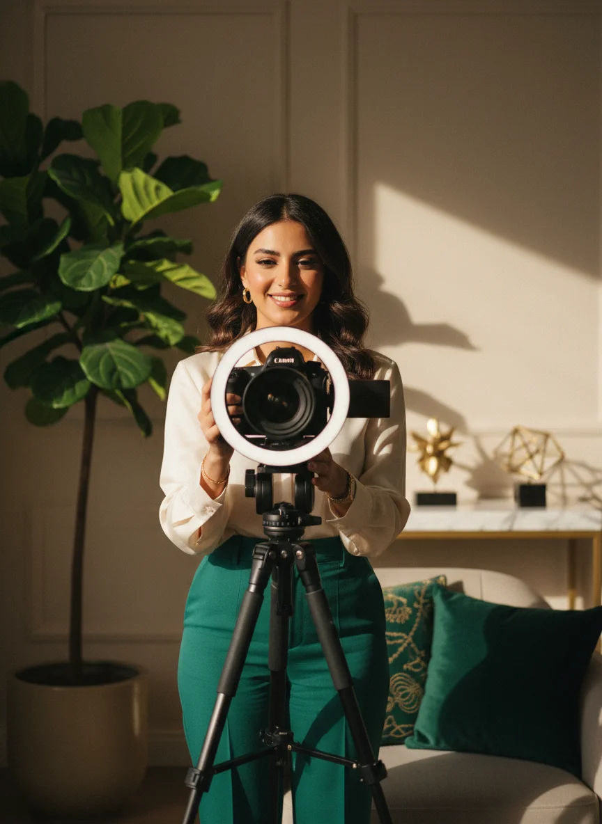 Arab woman entrepreneur filming branded video content in a premium studio with a ring light